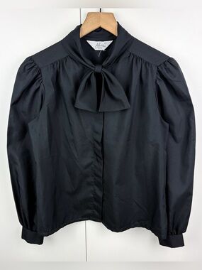 Vintage Bow Collar Puff Long Sleeve Blouse Top Black Coquette Lolita Cottagecore